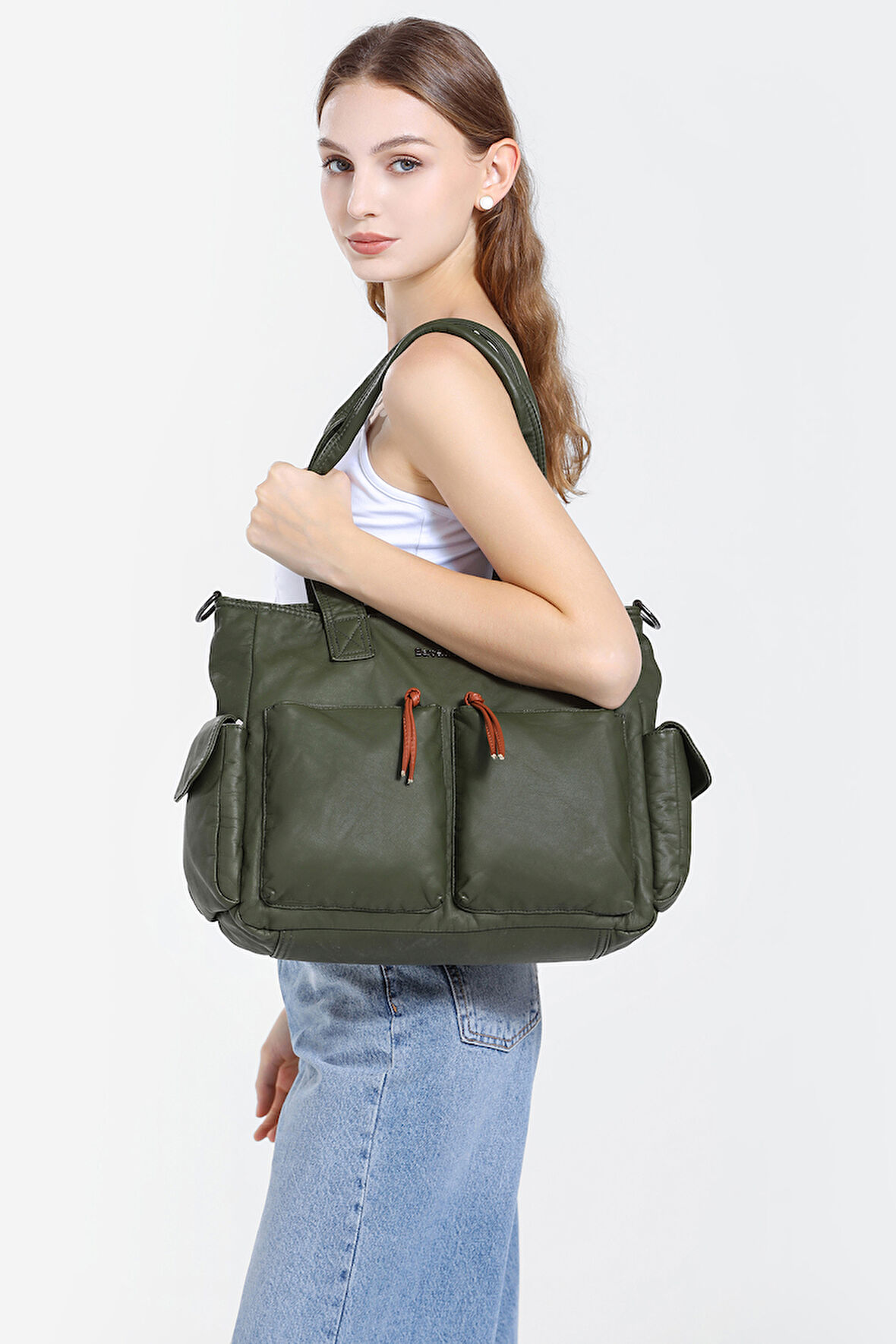 Barcelona Büyük Shopper Çok Cepli Uzun Askılı Kadın Omuz Çantası1927 Koyu Yeşil