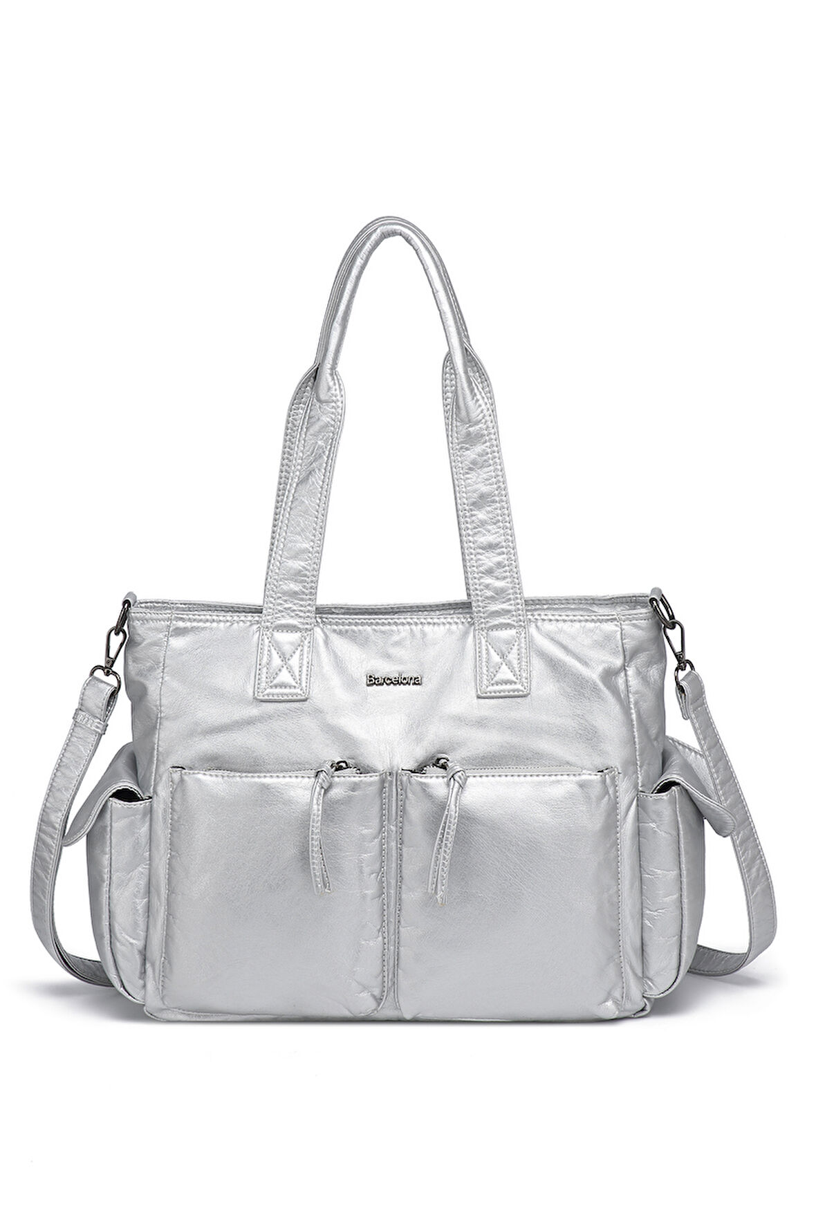 Barcelona Büyük Shopper Çok Cepli Uzun Askılı Kadın Omuz Çantası1927 Platin
