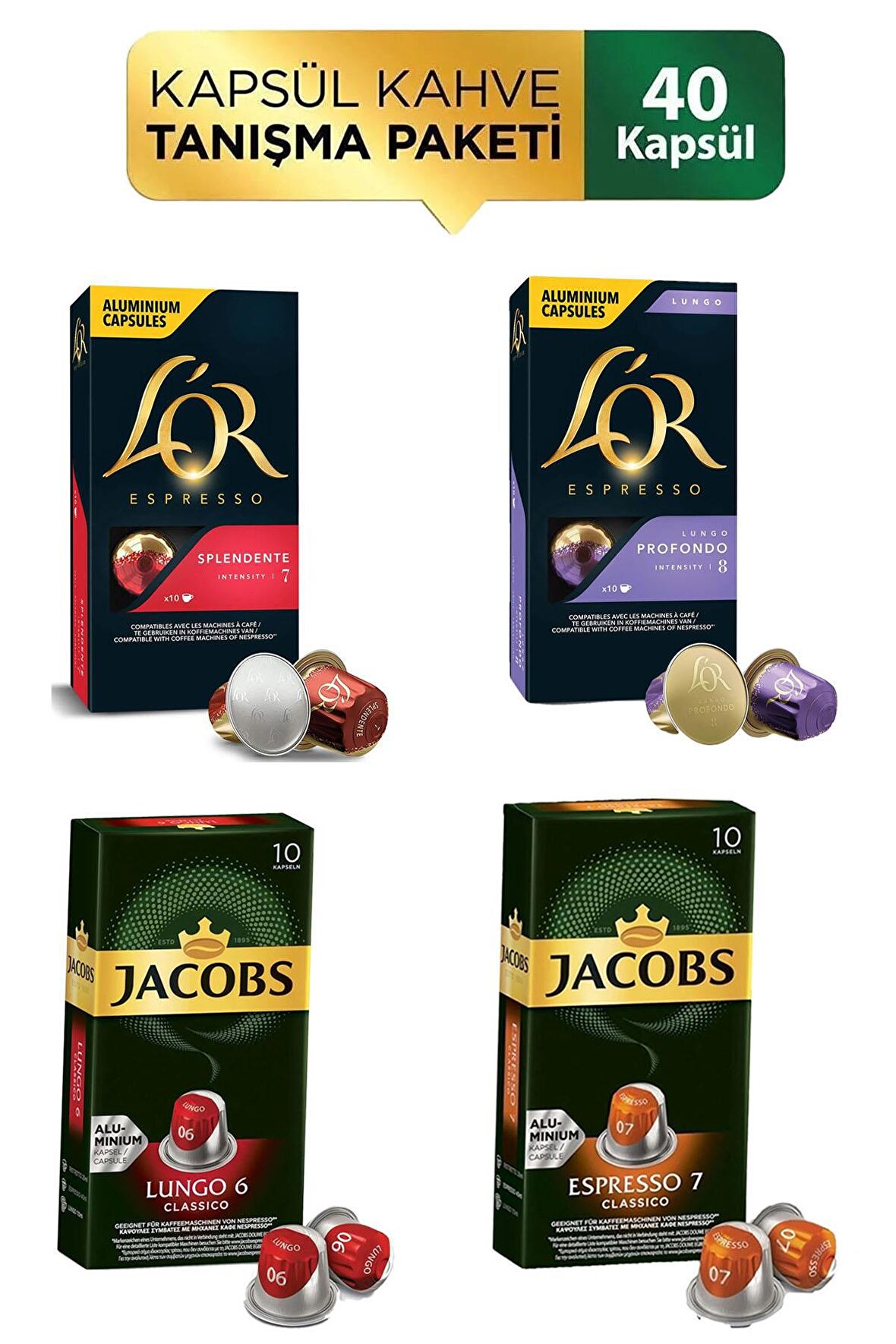 Jacobs ve L'OR Kapsül Kahve Tanışma Paketi 10 x 4 Paket 