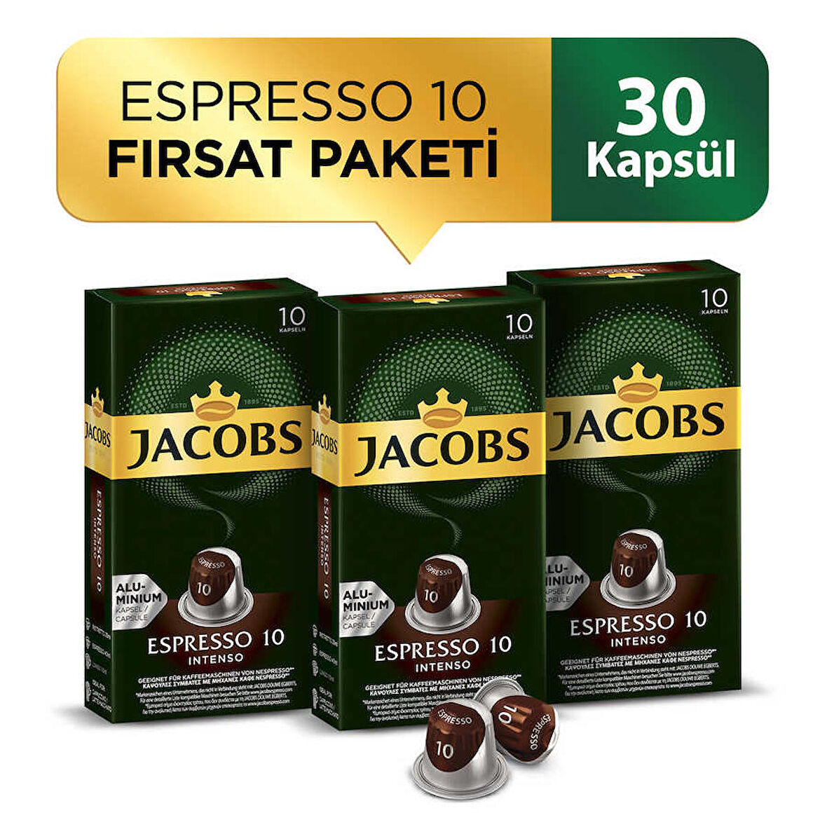 Jacobs Espresso 10 Intenso Nespresso Uyumlu Alüminyum Kapsül Kahve 10 Adet X 3 Paket