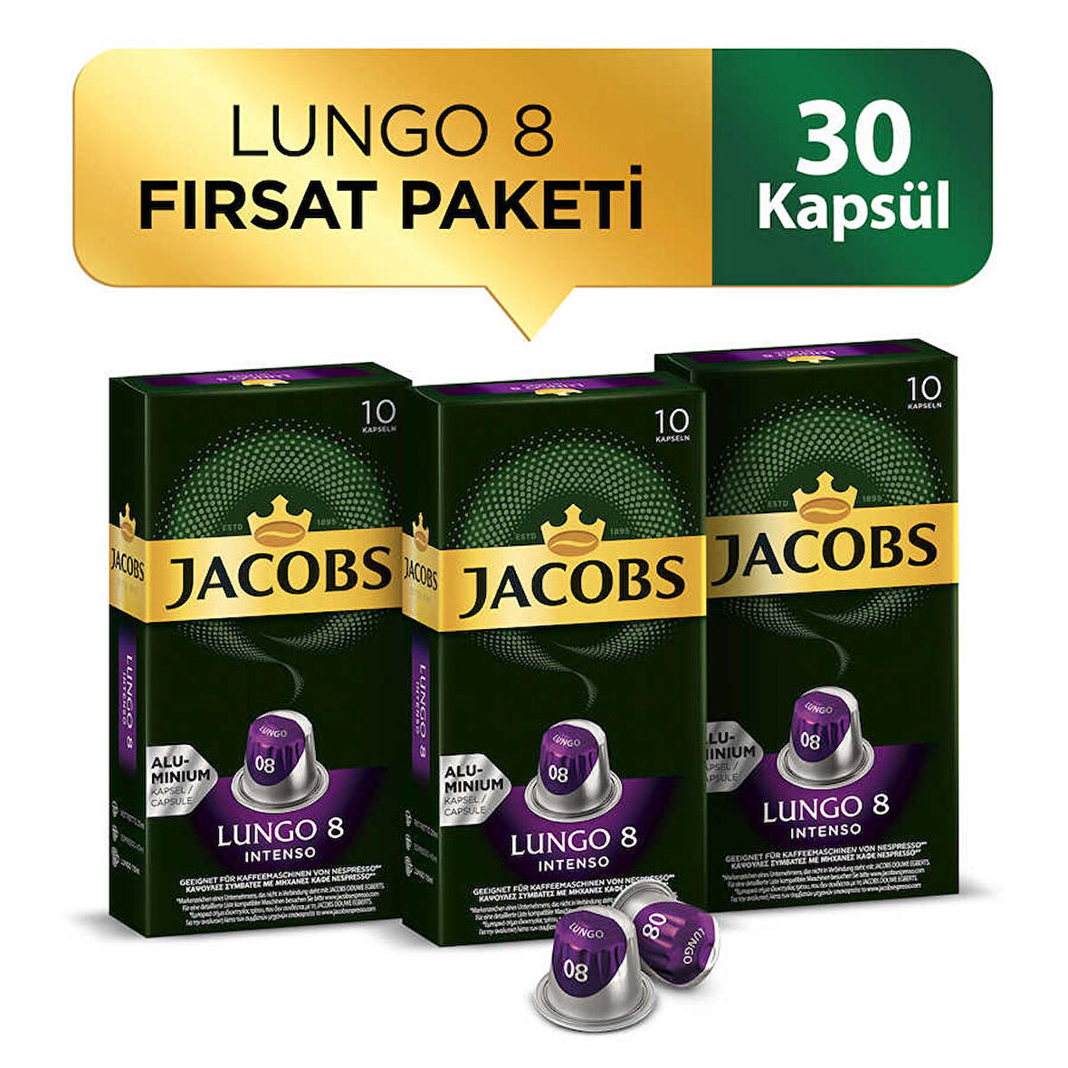 Jacobs Lungo 8 Intenso Nespresso Uyumlu Alüminyum Kapsül Kahve 10 Adet X 3 Paket