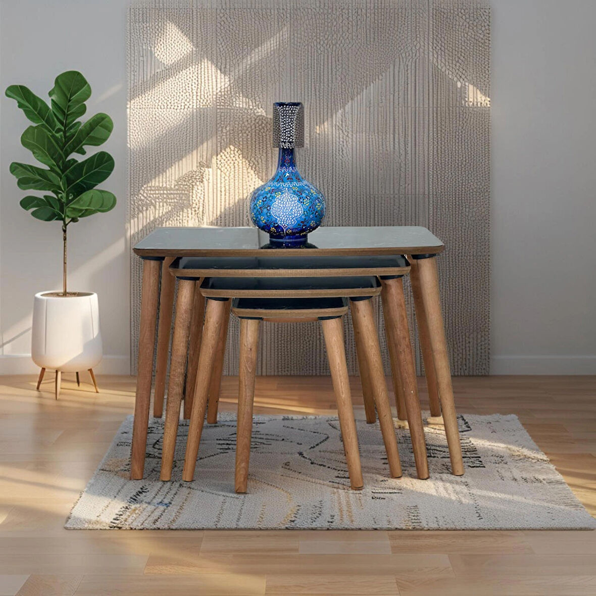 Evmob Evim Mobilya Lüks 1. Sınıf Mdf Tek Katlı 4’lü Zigon Sehpa Seti – Siyah Mermer & Ceviz, Modern Tasarım