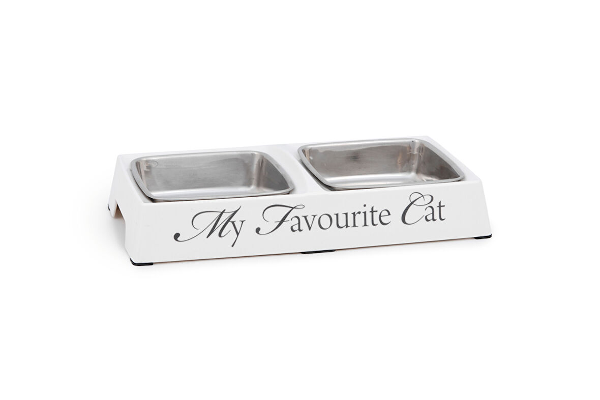 Beeztees DBL Kedi İkili Mama ve Su Kabı, Paslanmaz Çelik, Beyaz, 24x12x4cm, 2x130ml
