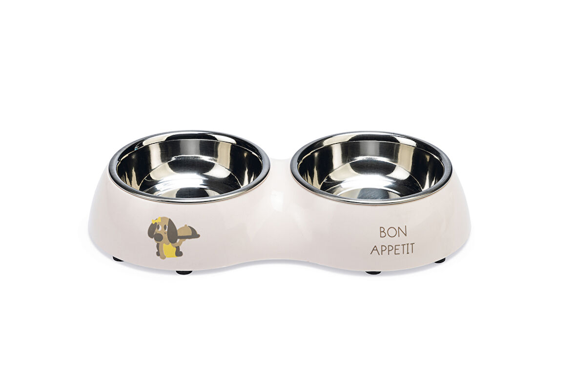 Beeztees Köpek İkili Mama ve Su Kabı, Paslanmaz Çelik, Pudra Pembe, 27x14cm, 2x160ml