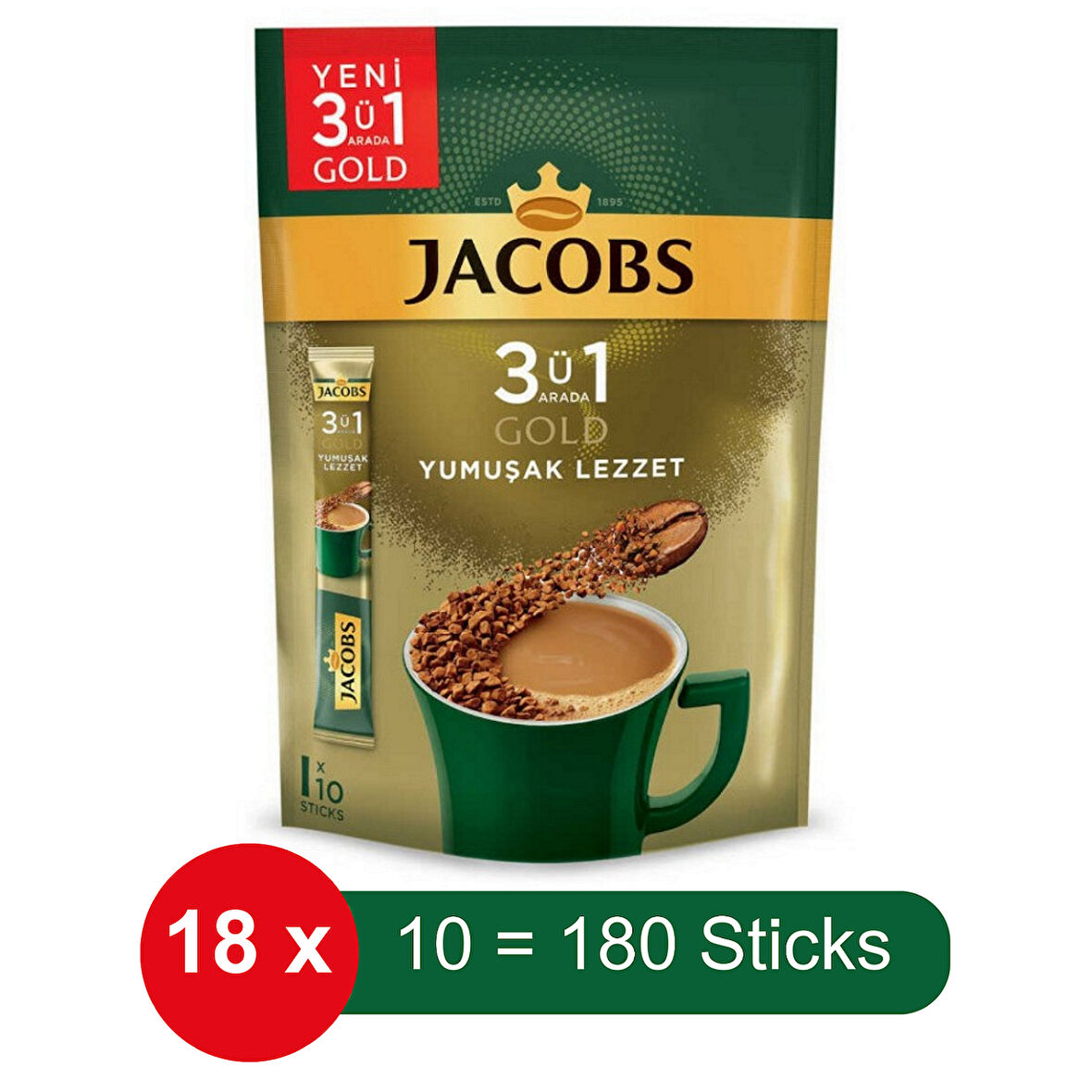 Jacobs 3 ü 1 Arada Gold Yumuşak Lezzet Hazır Kahve – 10 lu Paket x 18 Adet