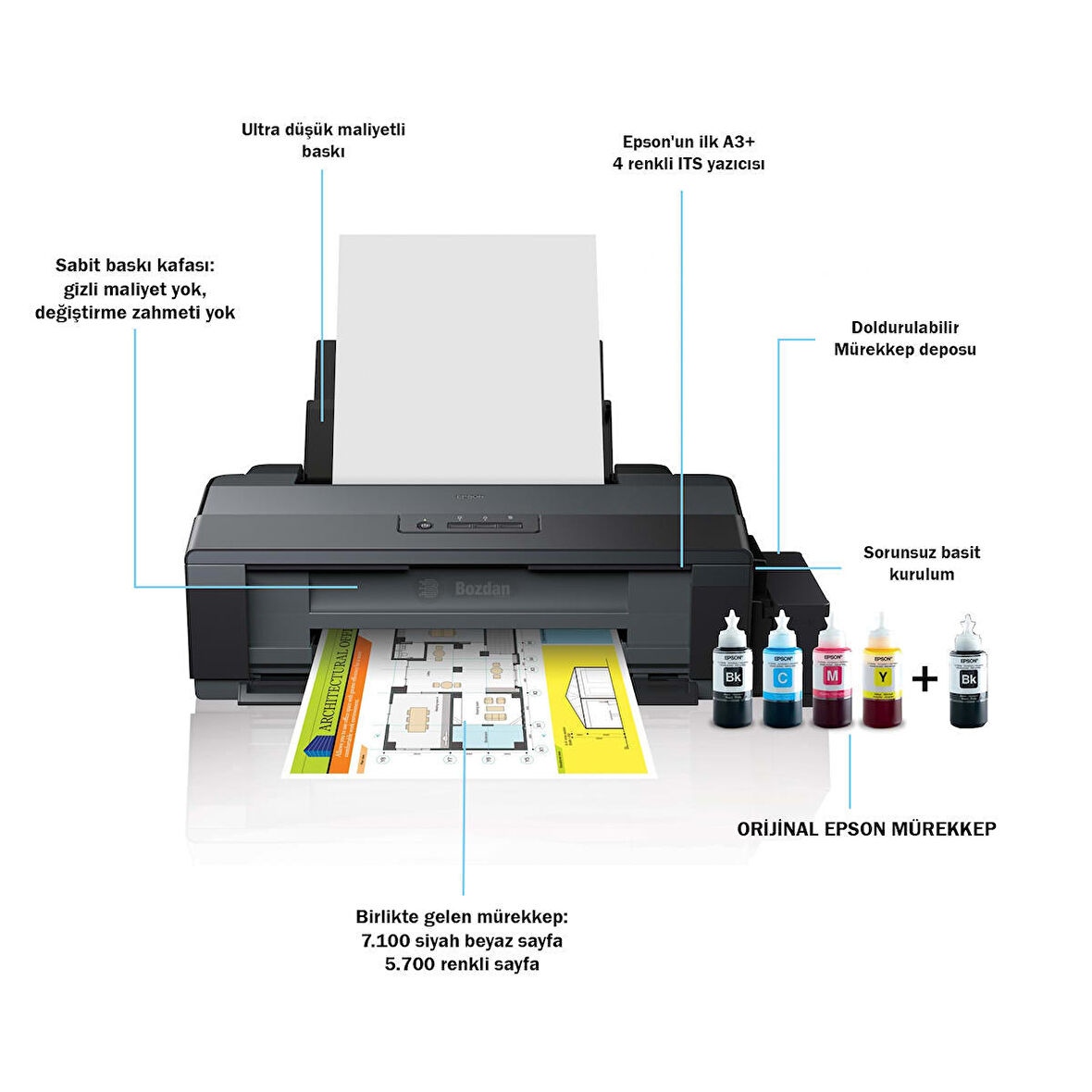 Epson L1300 ITS Renkli A3+ Mürekkep Tanklı Yazıcı Orijinal Epson Mürekkep 4 x 70 ml + 1 Ekstra Siyah Mürekkep C11CD81403