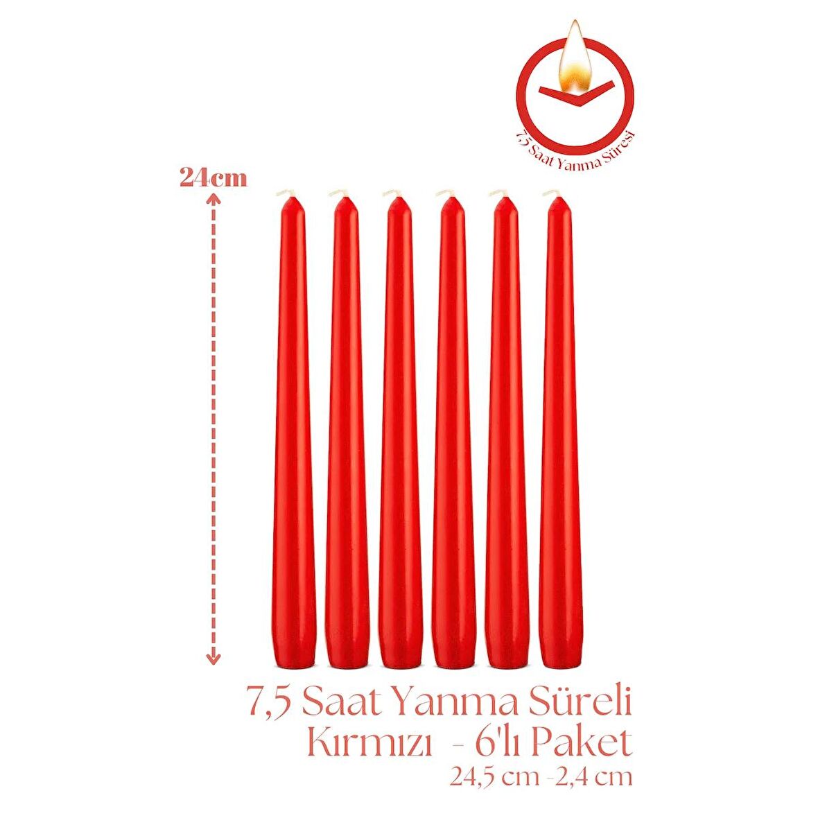 Kırmızı Renkli Konik Şamdan Yemek Mumu, 7,5 Saat Yanma Süreli, 24,5 Cm (6'Li Paket)