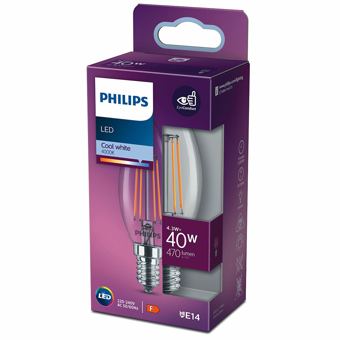 PHILIPS FILAMENT 40W E14 İNCE DUYLU MUM AMPUL GÜN IŞIĞI