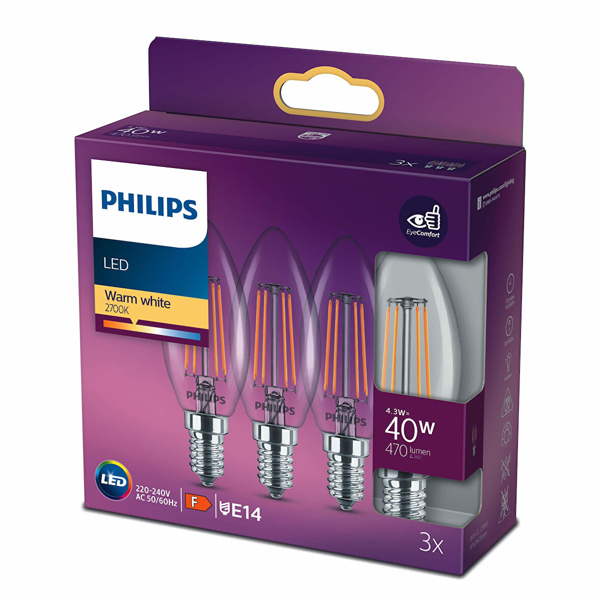 PHILIPS FILAMENT 40W E14 İNCE DUYLU MUM AMPUL SARI IŞIK 3LÜ