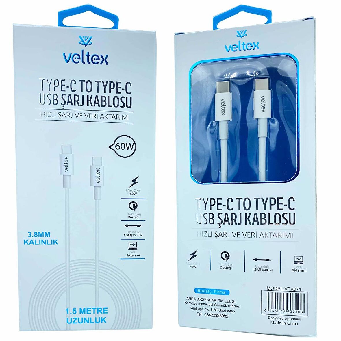 1.5 Metre PD 60W Type-C To Type-C Hızlı USB Kablo 3.8MM Kalınlık Veltex VTX071