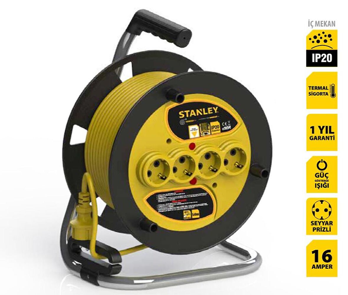 STANLEY PROFESYONEL MAKARALI KABLO  ST-E SERİSİ TERMİKLİ IP20 4 SOKETLİ 25 METRE 3x1,5mm