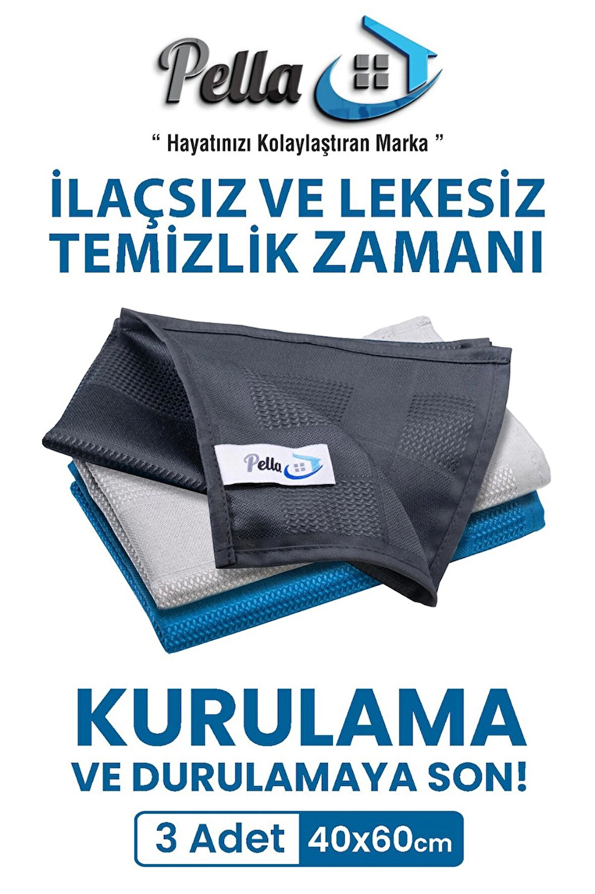 Pella Classic 3'lü Mikrofiber Temizlik Bezi, Cam, Araba, Mutfak, Fiber Temizleme Bezi (40 X 60 Cm)