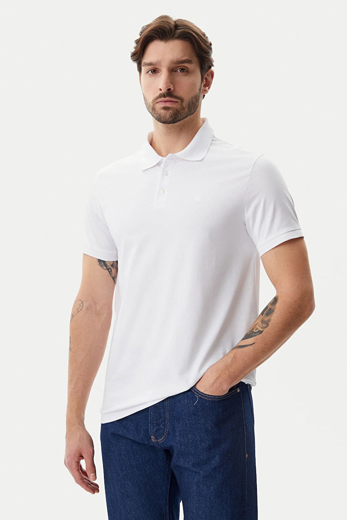 Erkek Ck Pamuklu Polo T-Shirt - Beyaz | XS