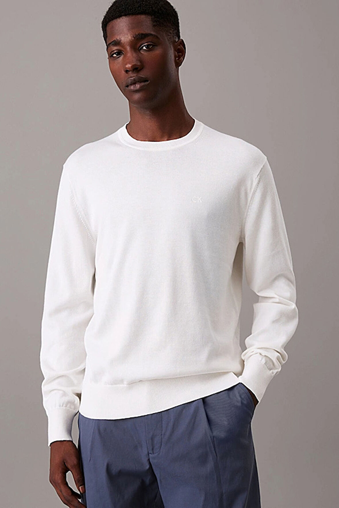 Erkek Bisiklet Yaka Supima Pamuklu Triko Kazak - Beyaz | S