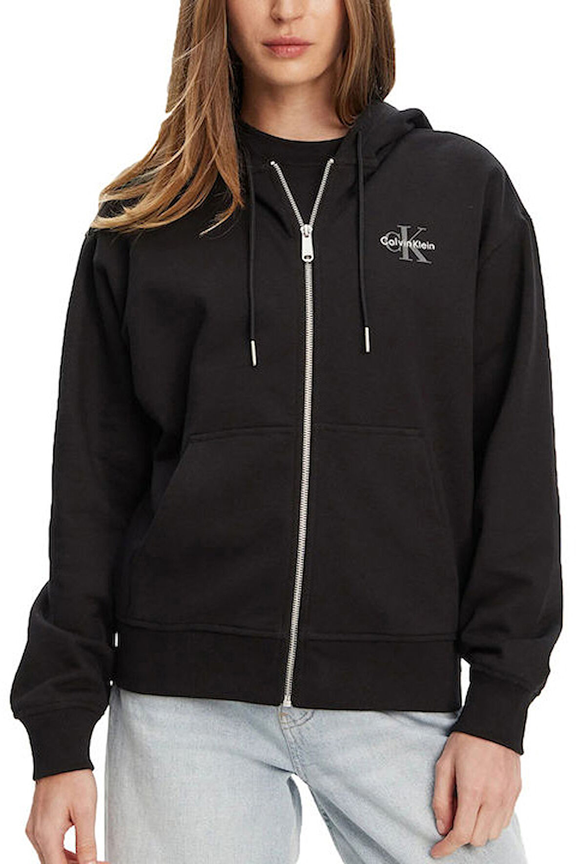 Kadın Boyfriend Fit Kapüşonlu Fermuarlı Sweatshirt - Siyah | S