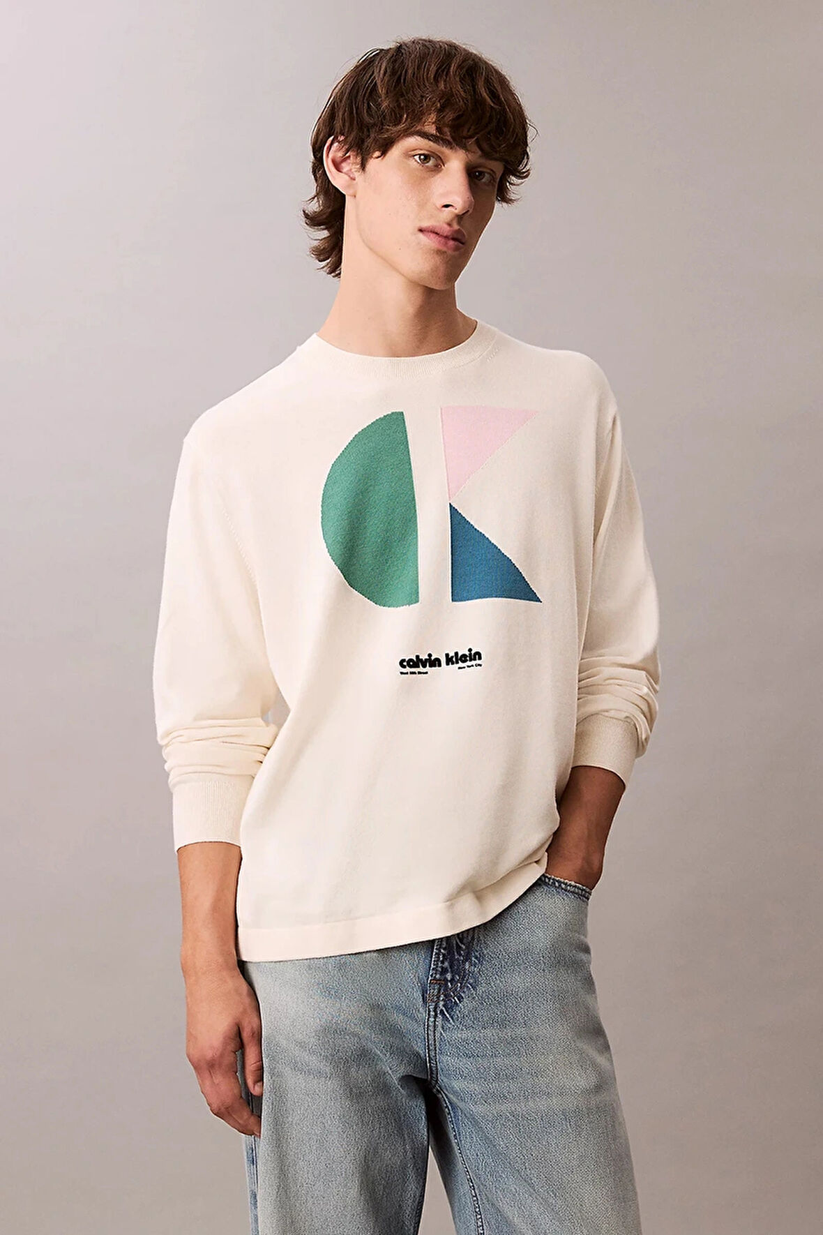 Calvin Klein Jeans Uzun Kollu Renk Bloklu Grafik Pamuklu Beyaz  Erkek Kazak LV04RC303G-YAS