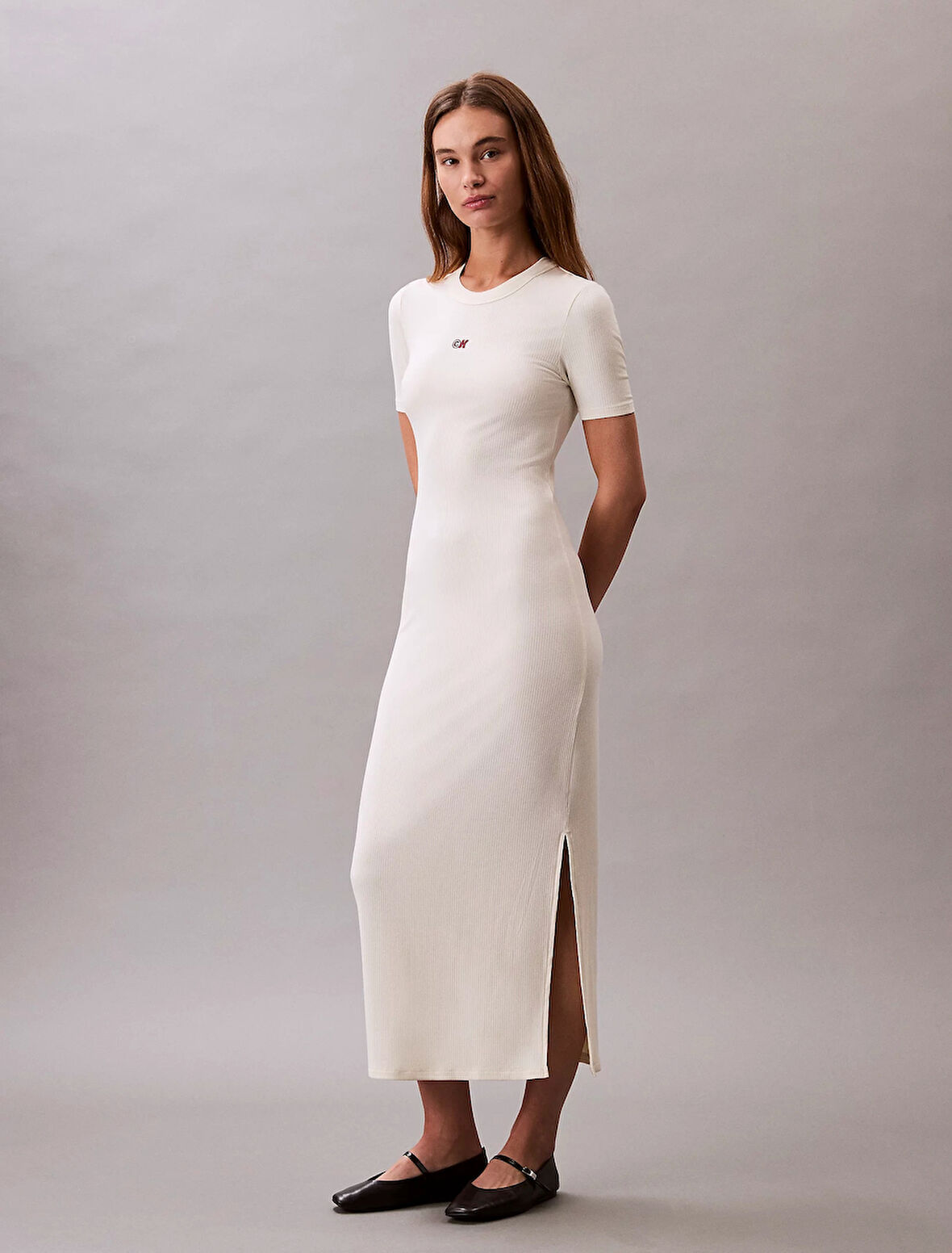 Calvin Klein Jeans A - MODAL RIB SS DRESS Kadın Beyaz Elbise LV044C902G-PBA