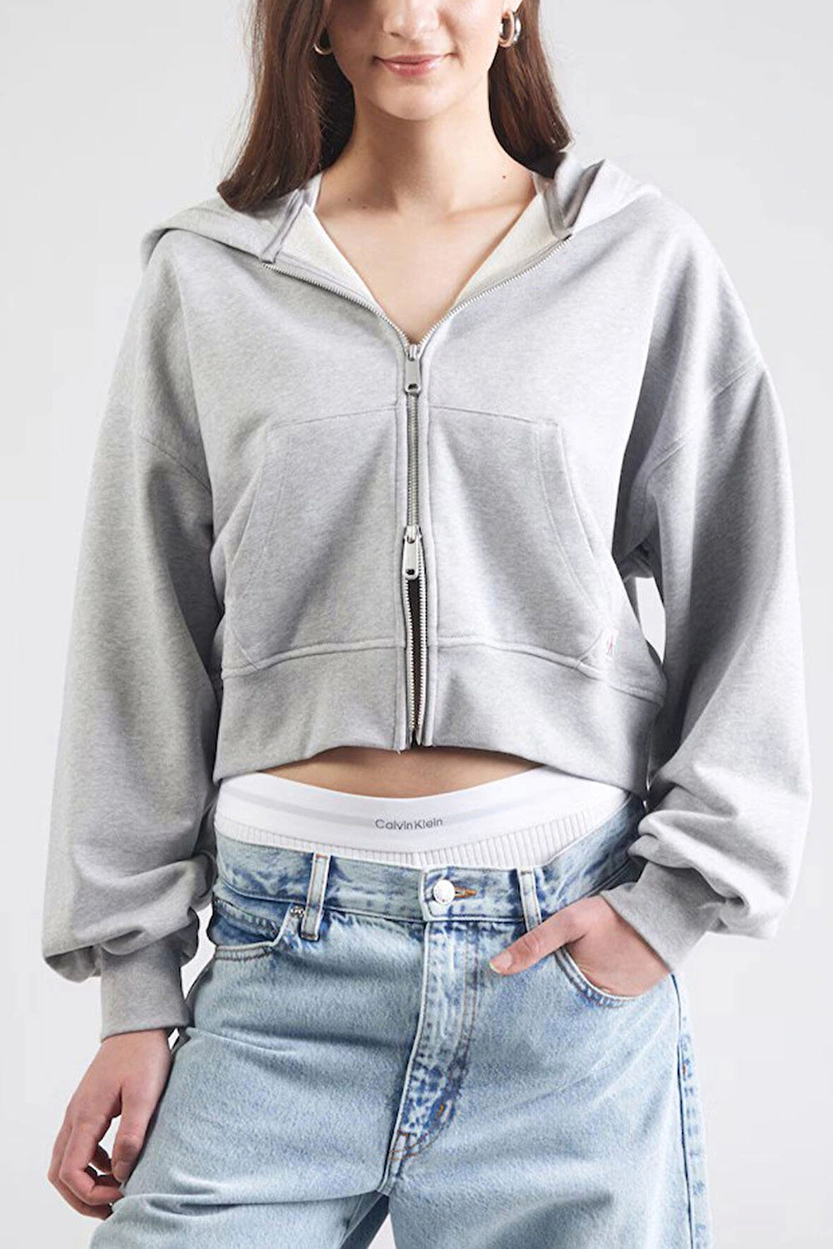 Calvin Klein Jeans A- FRENCH TERRY BADGE LOGO FZ HO Kadın Gri Sweatshirt LV047C216G-P79