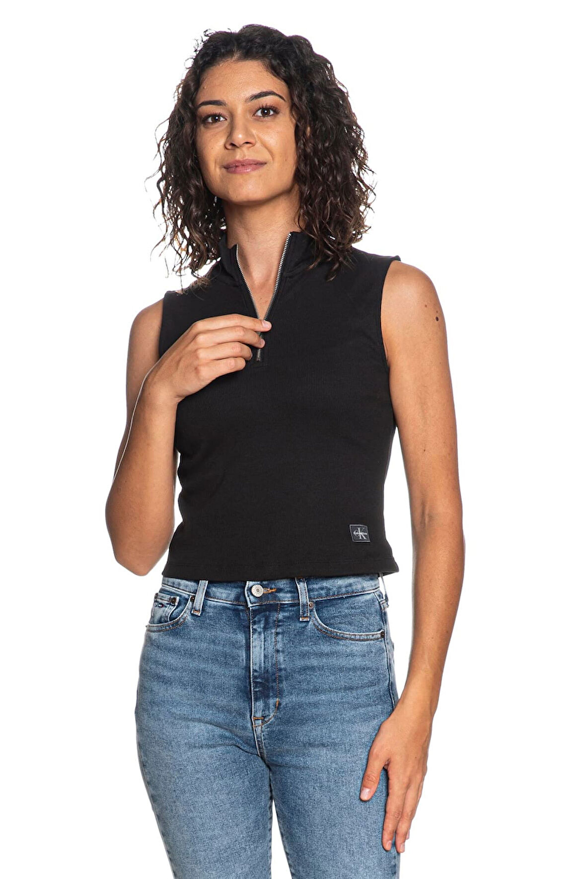 Kadın Dik Yaka Yarım Fermuarlı Fitilli Top T-Shirt - Siyah | XS