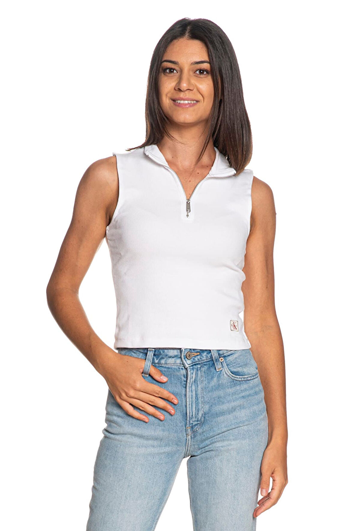 Kadın Dik Yaka Yarım Fermuarlı Kolsuz T-Shirt - Beyaz | XS