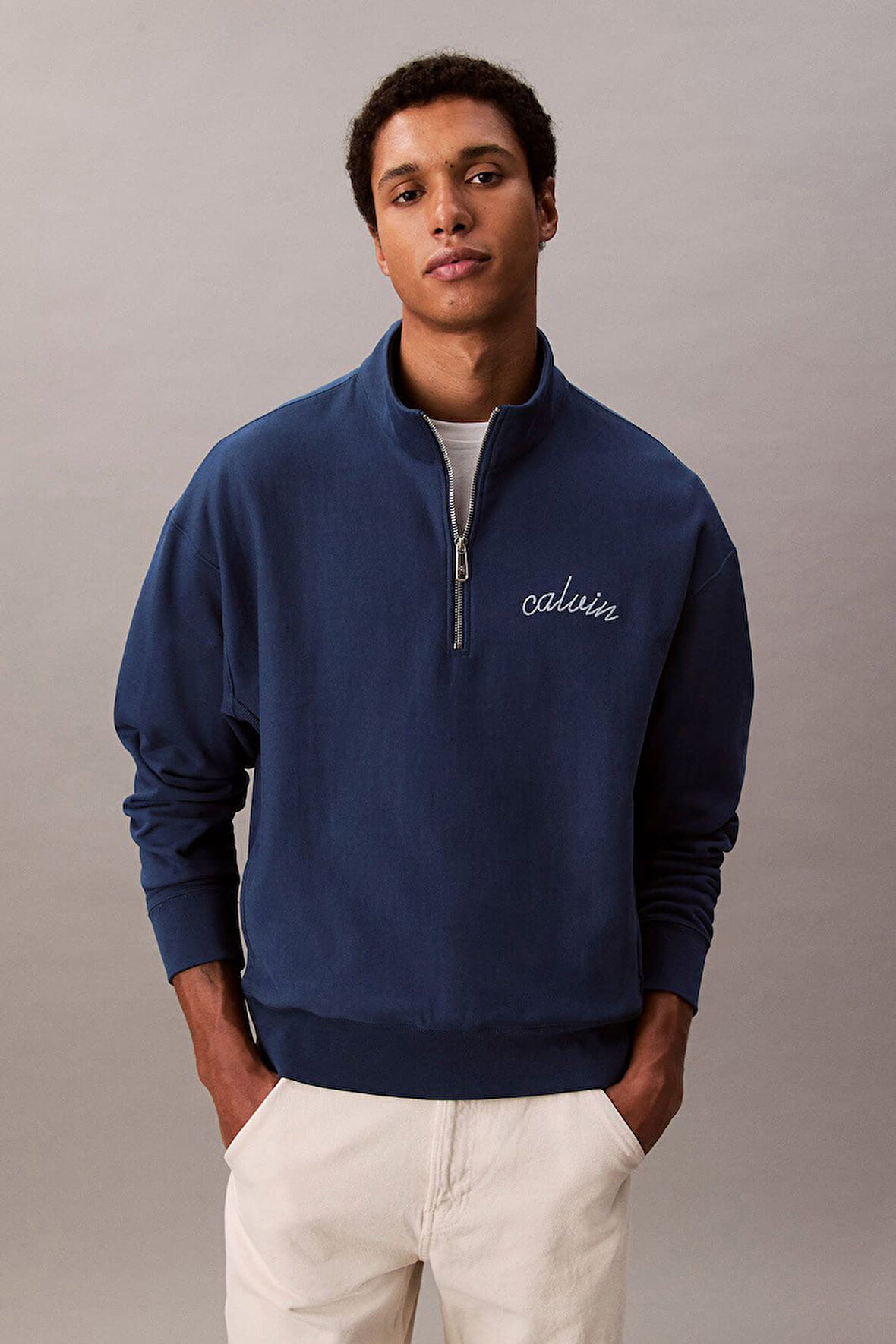 Erkek Yarım Fermuarlı Logolu Sweatshirt - Mavi | L