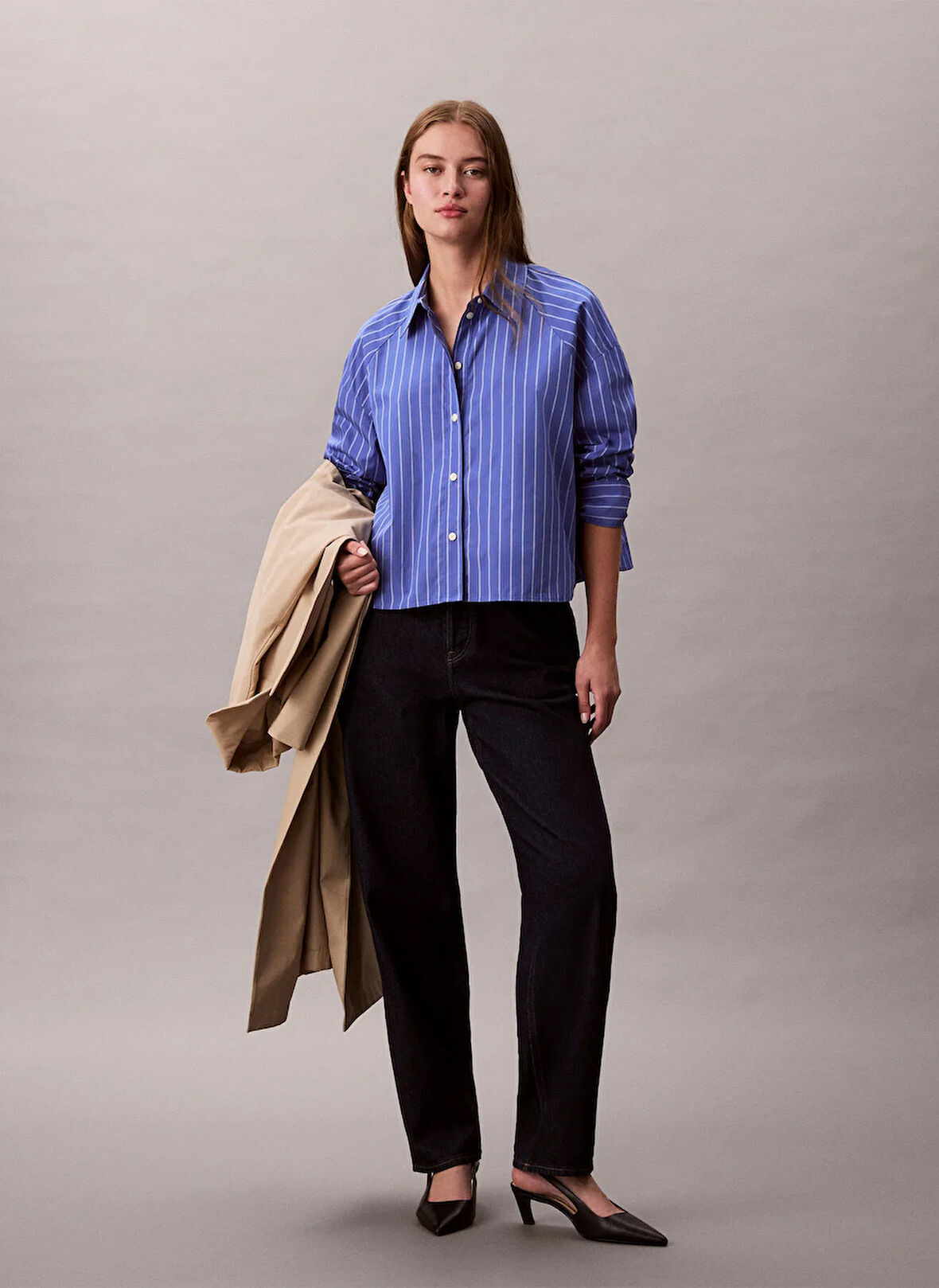 Calvin Klein Jeans Standart Gömlek Yaka Çizgili Mavi Kadın Gömlek LV047C118GXNS