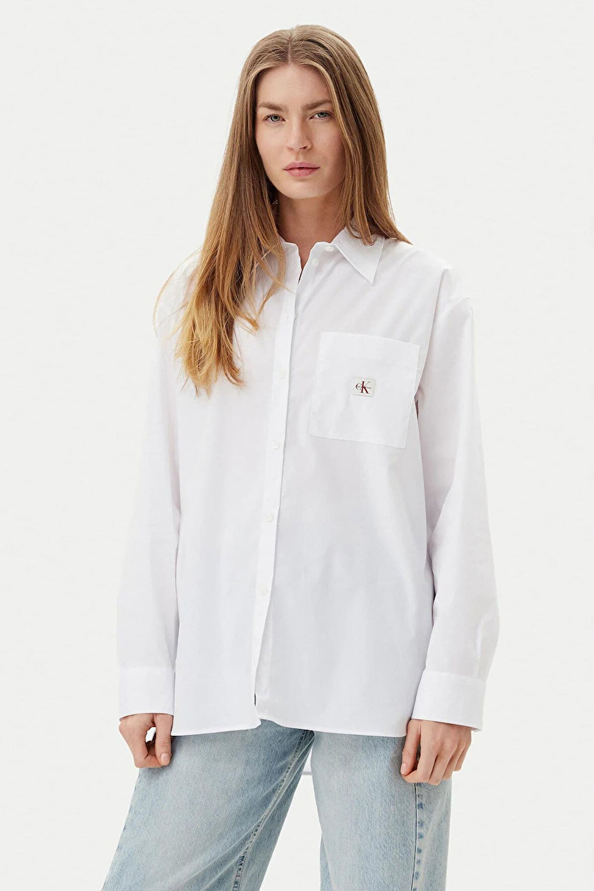 Kadın Relaxed Fit Cepli Esnek Poplin Gömlek - Beyaz | L