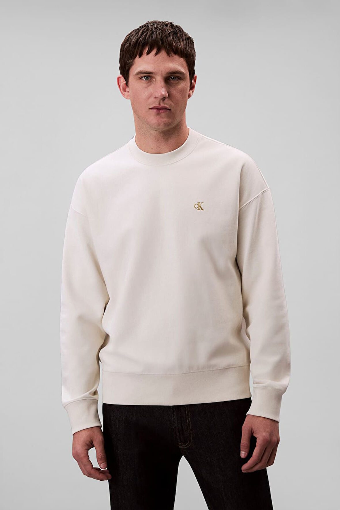 Erkek Bisiklet Yaka Nakış Logolu Sweatshirt - Krem | XS