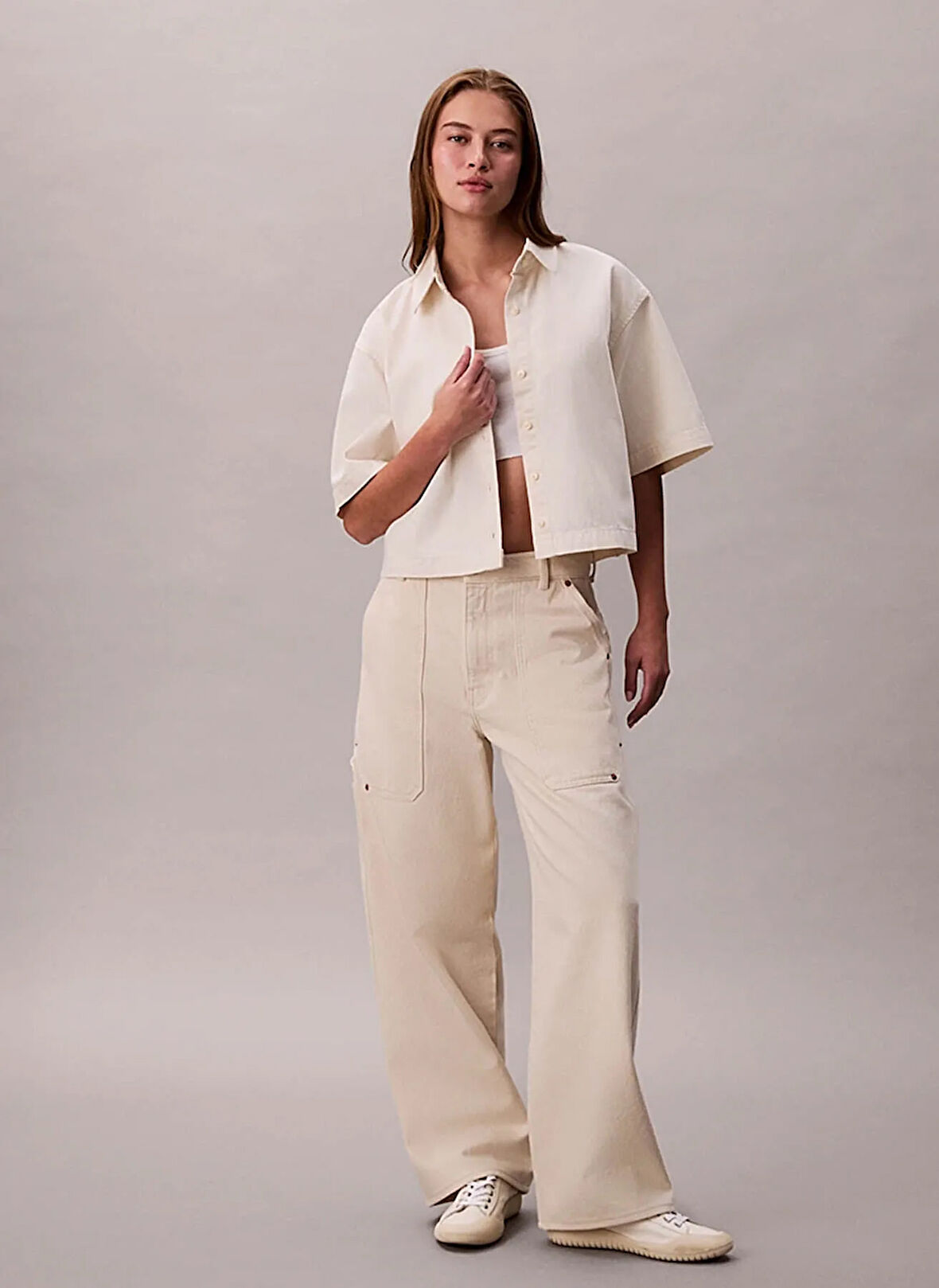 Calvin Klein Jeans Standart Gömlek Yaka Düz Beyaz Kadın Gömlek LV047C775GASN