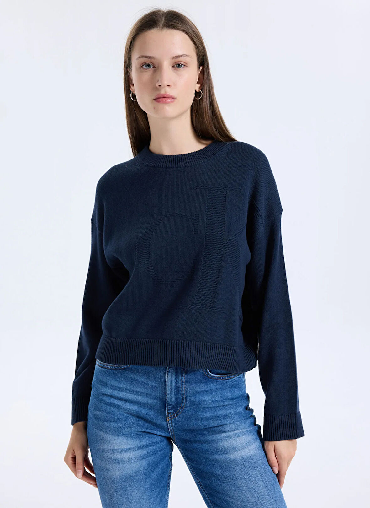 Calvin Klein Jeans Dik Yaka Standart Düz Mavi Kazak Kadın LV047D304GCEF