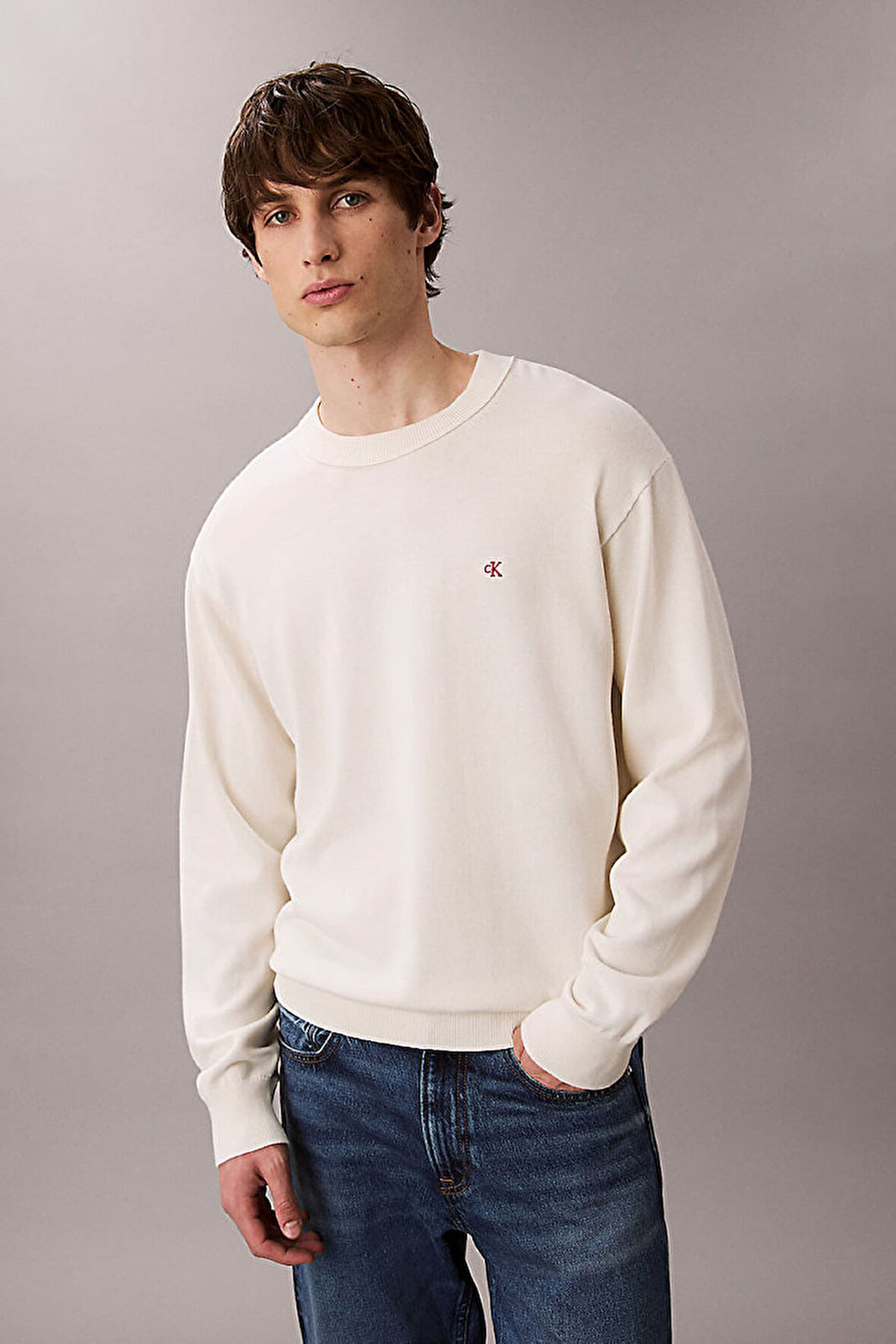 Erkek Relaxed Fit Monogram Nakışlı Bisiklet Yaka Kazak - Krem | S