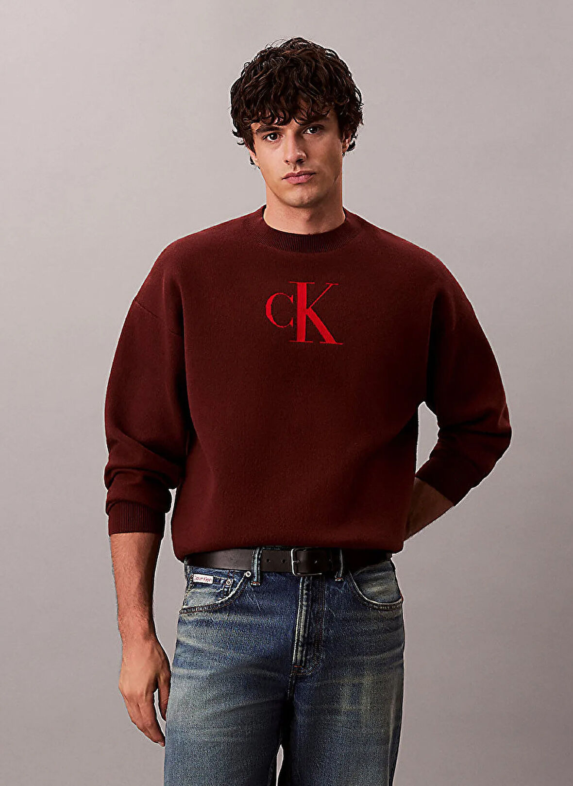 Calvin Klein Jeans Bisiklet Yaka Relaxed Düz Bordo Erkek Kazak LV04RD305GXWI LS CTTN CASHMERE 3D L