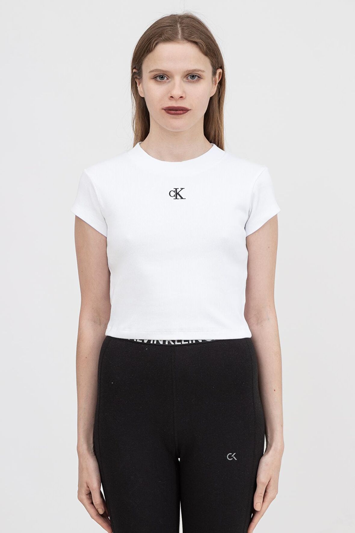 Calvin Klein Ck Rib Cropped Slim Tee Kadın Bisiklet Yaka T-Shirt