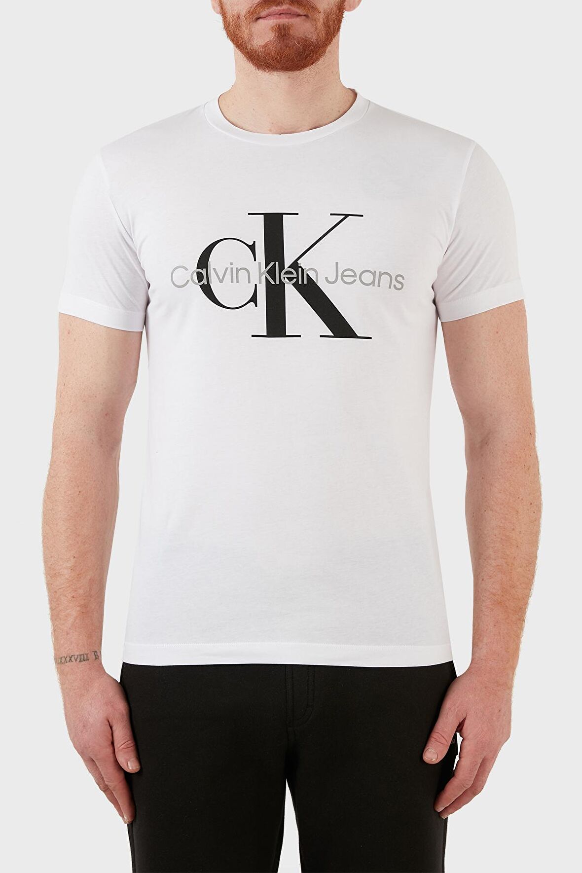 Calvin Klein Jeans Beyaz Erkek Bisiklet Yaka Düz T-Shirt J30J320935-YAF CORE MONOGRAM