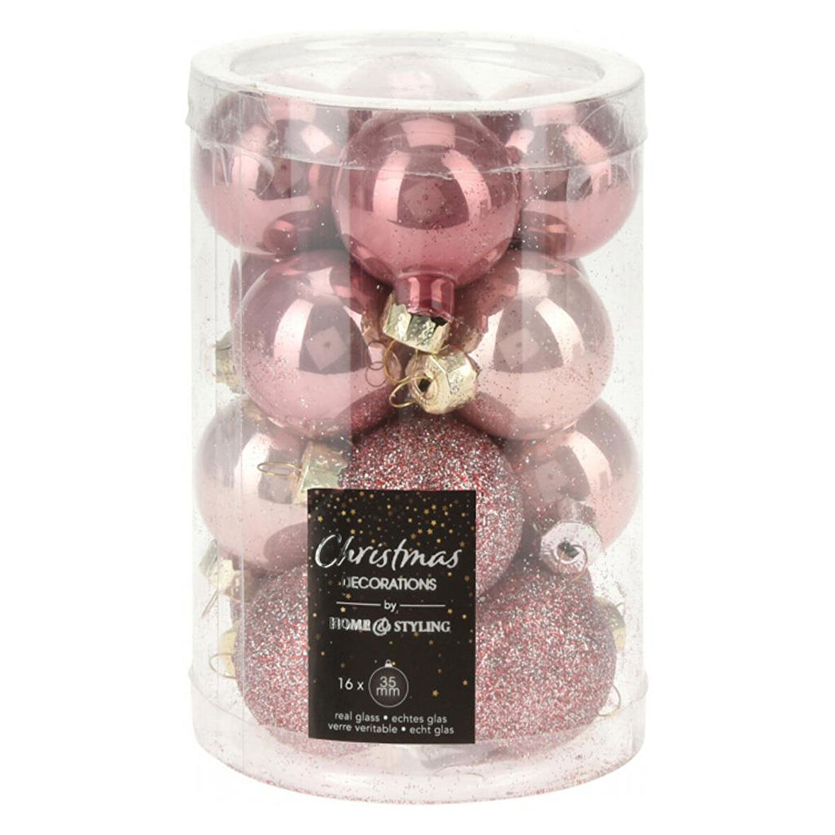 Yılbaşı Topu Cam Simli Mat Parlak Pembe Renk 16 Adet Çap 3,5cm