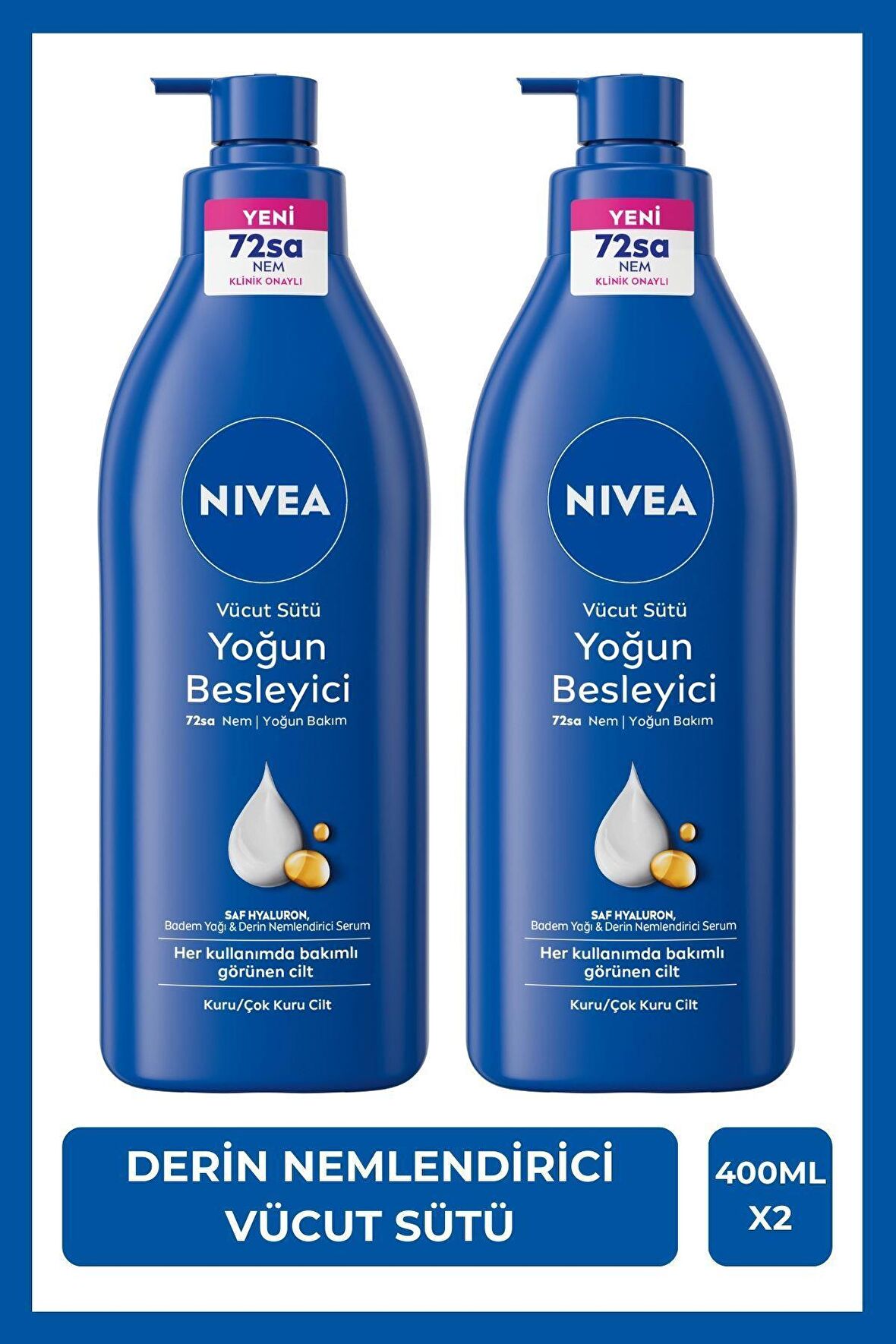 Nivea Yoğun Besleyici Vücut Sütü 400ml, Çok Kuru Ciltler, Hyaluron, Derin Nemlendirici Vücut Bakım, X2Adet