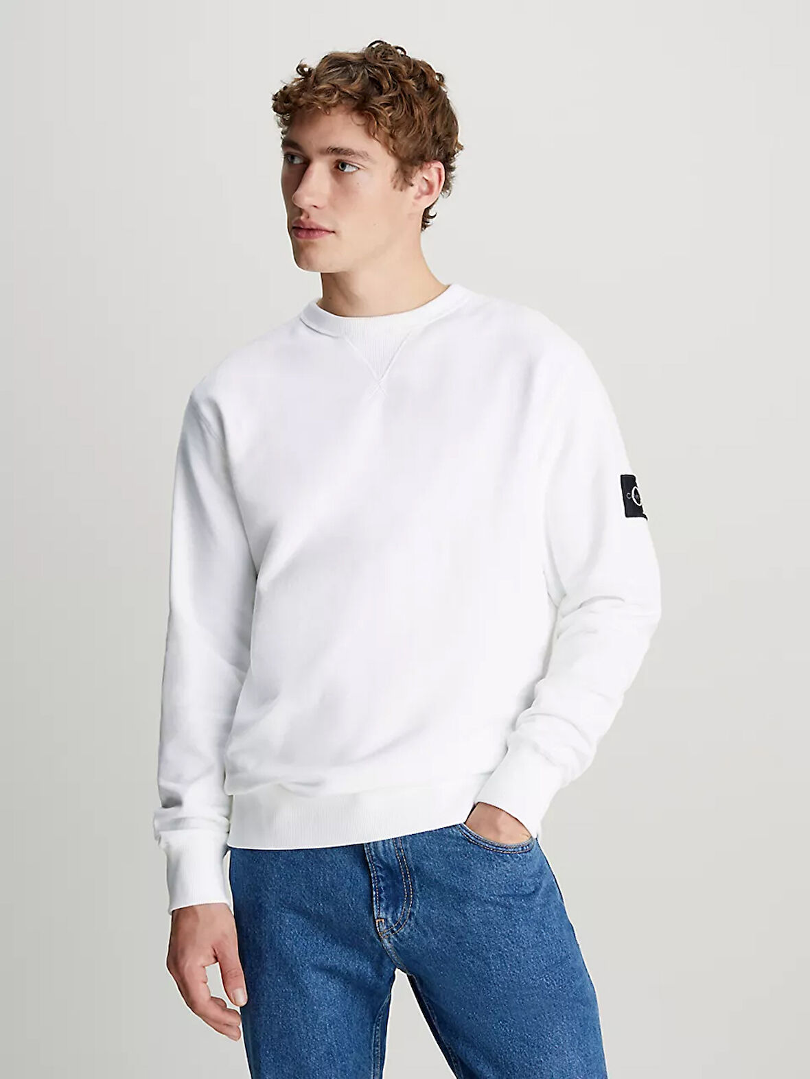 Erkek BADGE Bisiklet Yaka Sweatshirt - Beyaz | XS