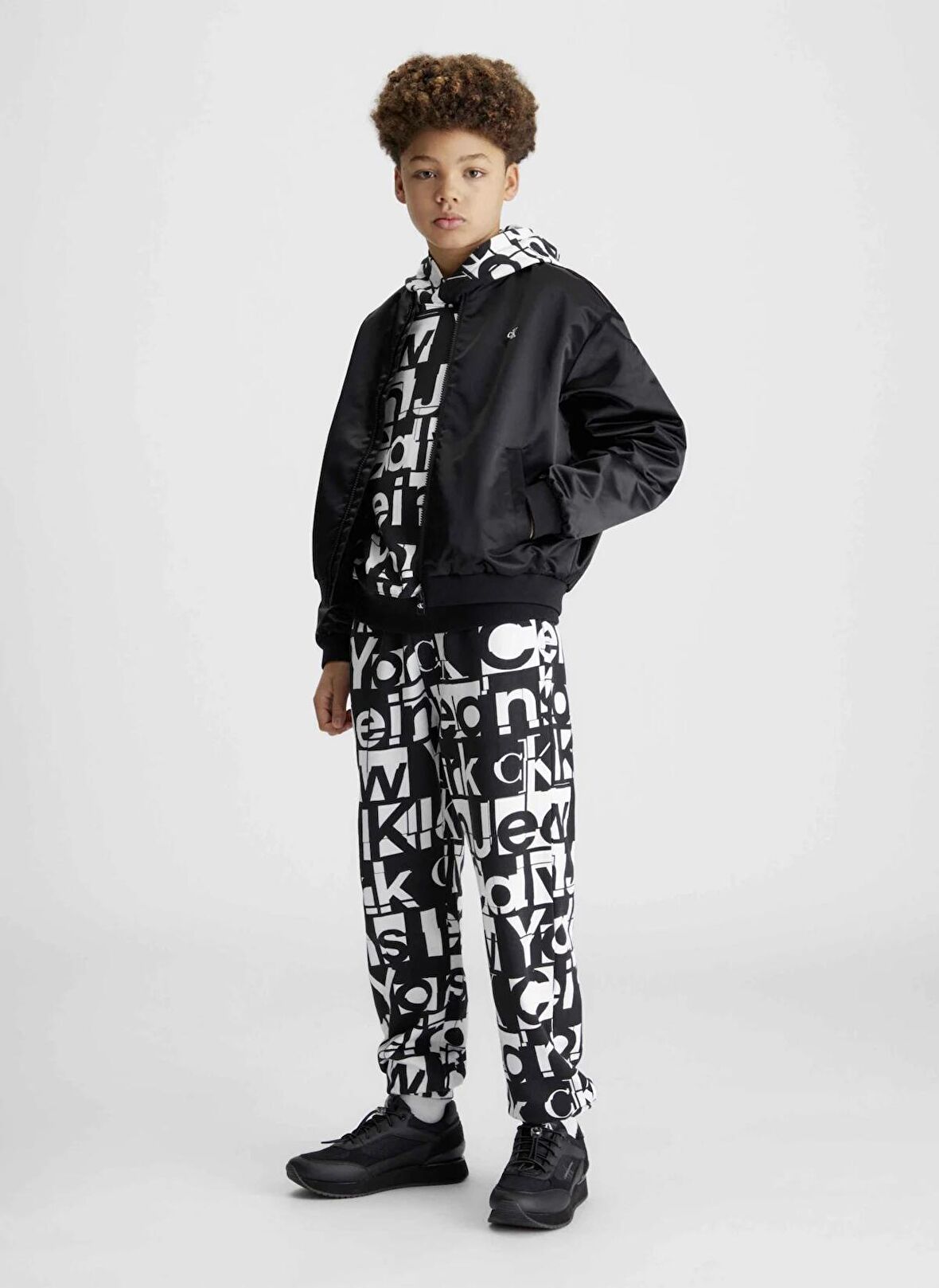 Calvin Klein Baskılı Erkek Genç  Beyaz Sweatshırt GRID AOP HOODIE