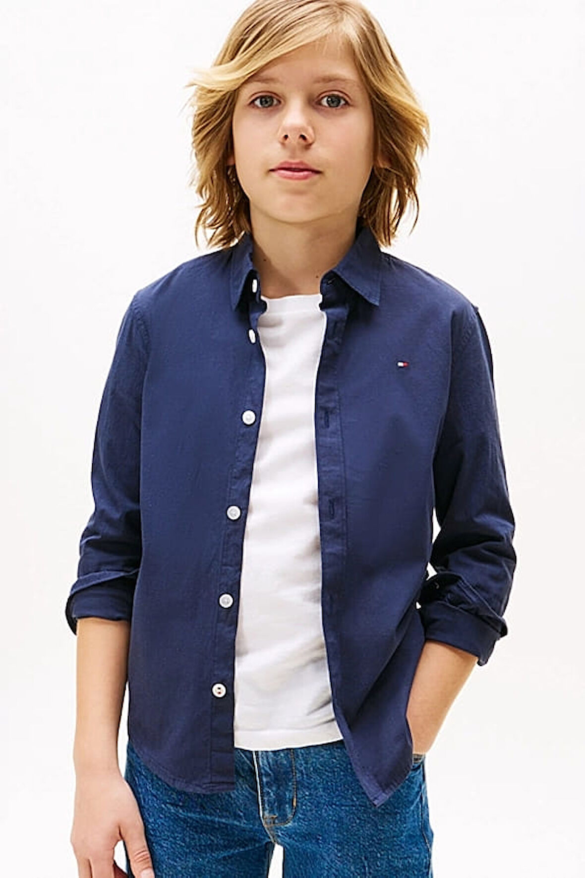 Erkek Çocuk Solid Stretch Poplin Gömlek - Lacivert | 10 Yaş