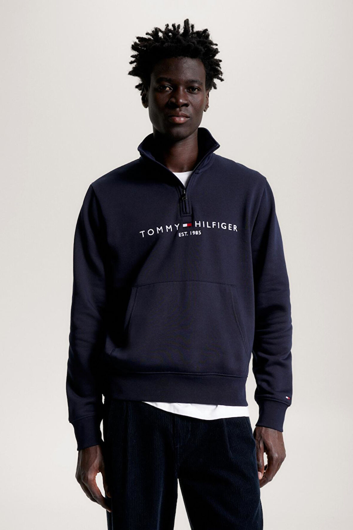 TOMMY HILFIGER Erkek Göğüste Ve Kolda Kolda Marka Logolu Yarım Fermuarlı Organik Pamuklu Dik Yakalı Lacivert Sweatshirt MW0MW20954 DW5
