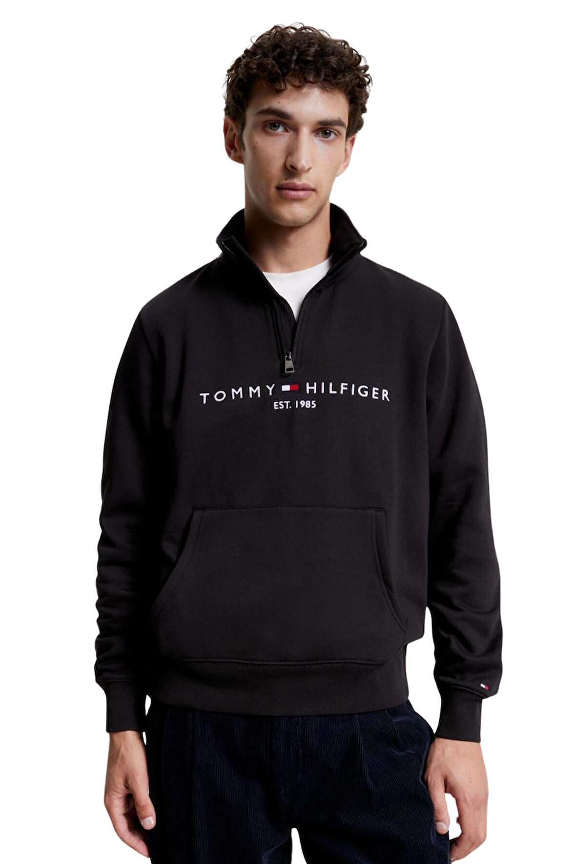 TOMMY HILFIGER Erkek Göğüste Ve Kolda Kolda Marka Logolu Yarım Fermuarlı Organik Pamuklu Dik Yakalı Siyah Sweatshirt MW0MW20954 BDS