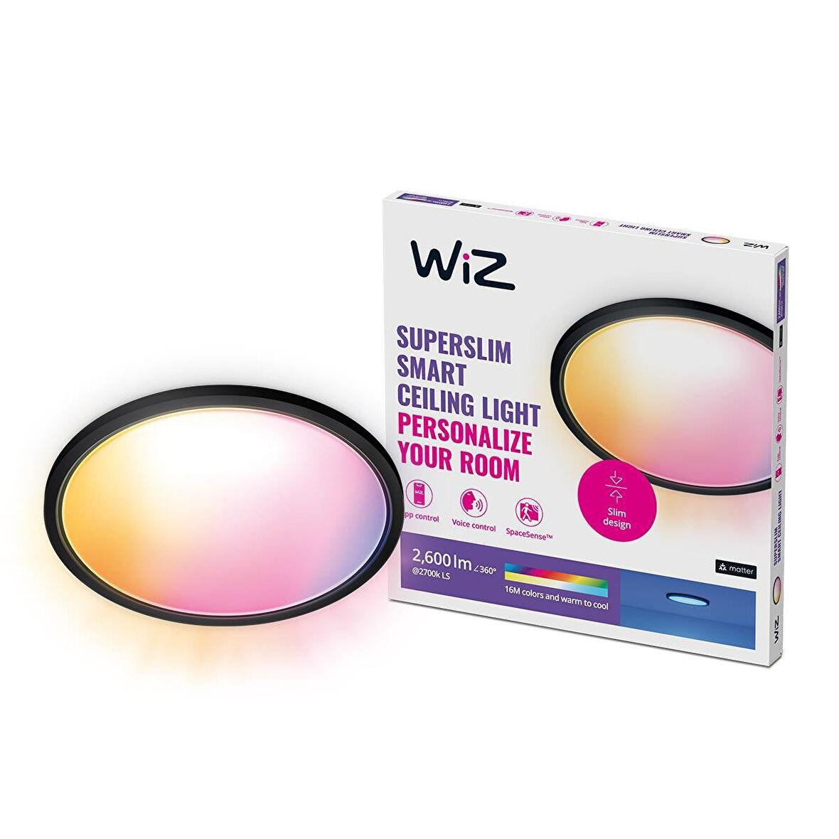 Wiz SuperSlim 22W Siyah Sıva Üstü RGB Akıllı LED Yuvarlak Panel Tavan Armatürü 42 cm çapında 2600 Lumen