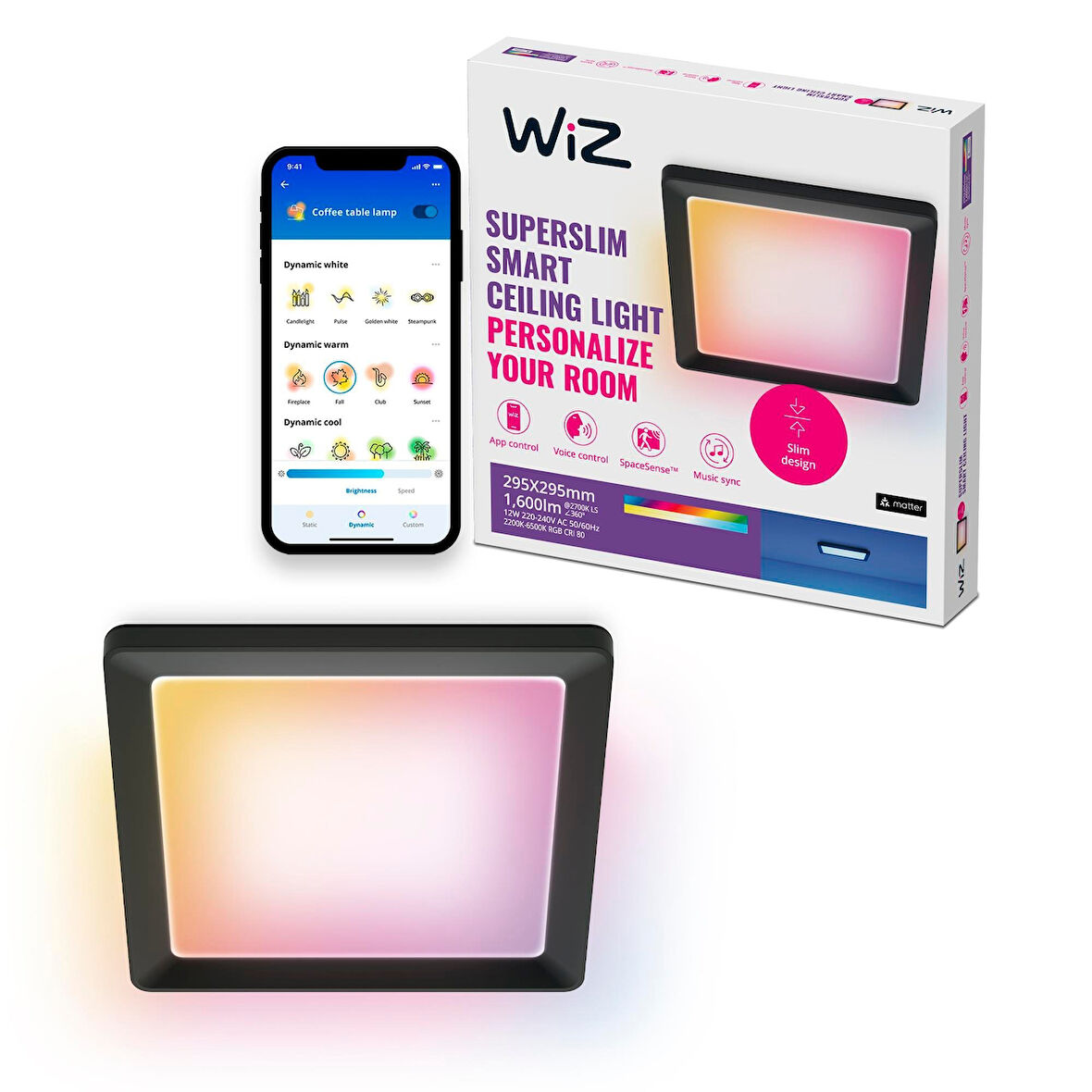Wiz Siyah Akıllı Sıva Üstü RGB Kare Panel Tavan Armatürü 12W