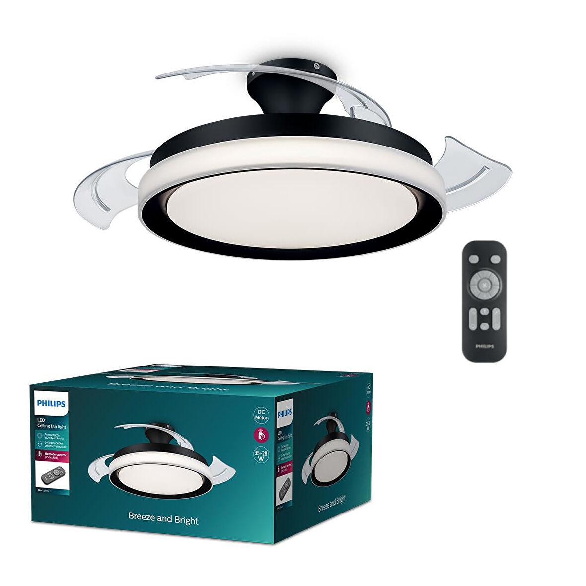 Philips Bliss Tavan Vantilatörü Açılır/Kapanır Kanatlı, Kumandalı, Sarı/Beyaz Işık, Siyah Renk, 28W+35W
