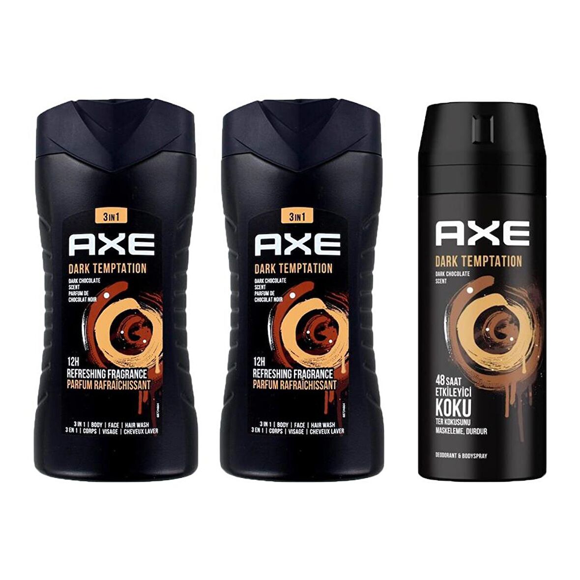 Axe Dark Temptation 3in1 Erkek Duş Jeli 250ML 2 Adet + Dark Temptation Erkek Sprey Deodorant 150ML 3lü Set