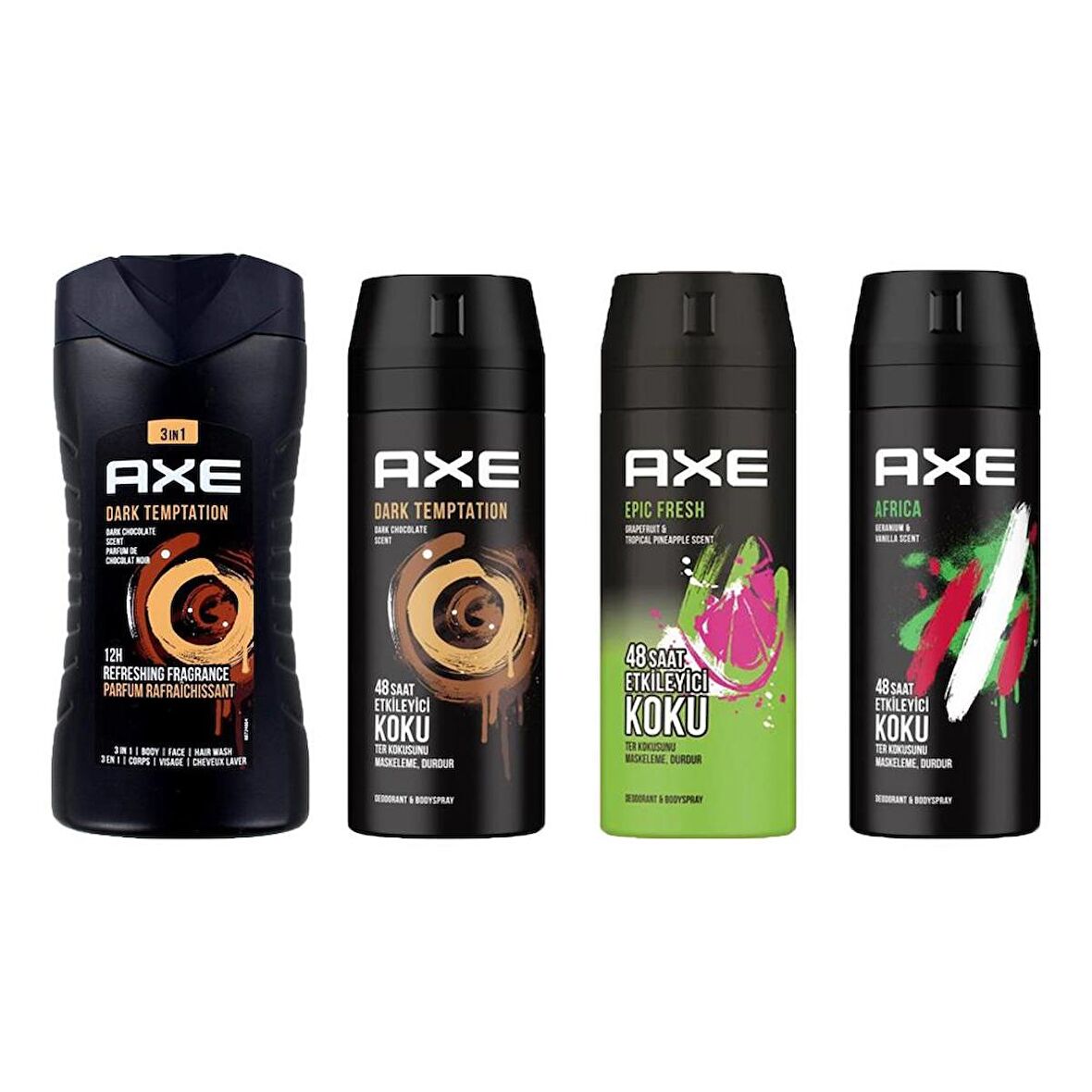 Axe Dark Temptation Erkek Duş Jeli 250ML + Epic Fresh + Africa 3in1 + Dark Temtation Deodorantı 150 ML 4lü Set