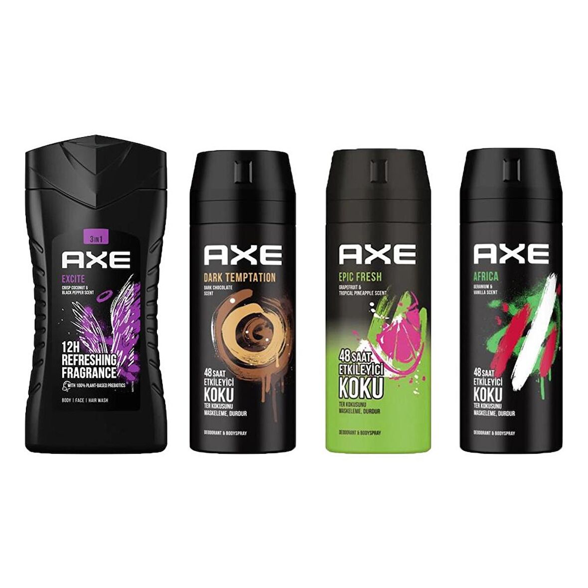 Axe Excite 3in1 Erkek Duş Jeli 250ML + Epic Fresh + Africa 3in1 + Dark Temtation Deodorantı 150 ML 4lü Set