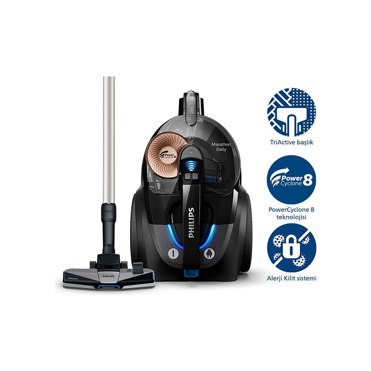 Philips XB7150/07 Marathon Daily Torbasiz Elektrikli Süpürge, 750 W, PowerCyclone 8 CarpetClean Başlık,XB7150