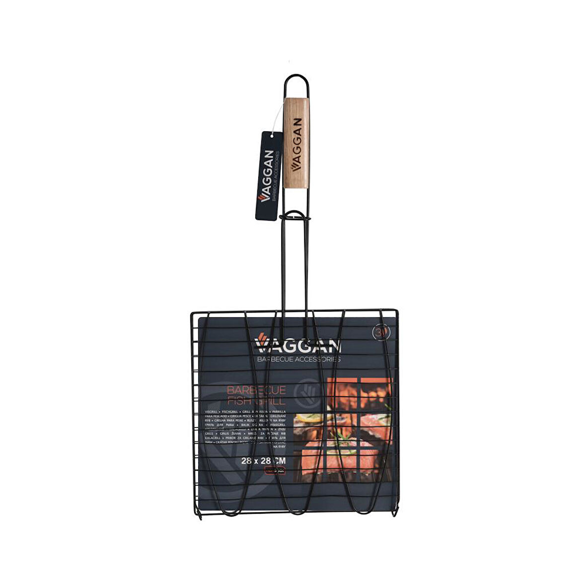 Barbeku Balık Izgarası Kare Ahşap Sap Siyah Paslanmaz Çelik 28*28cm