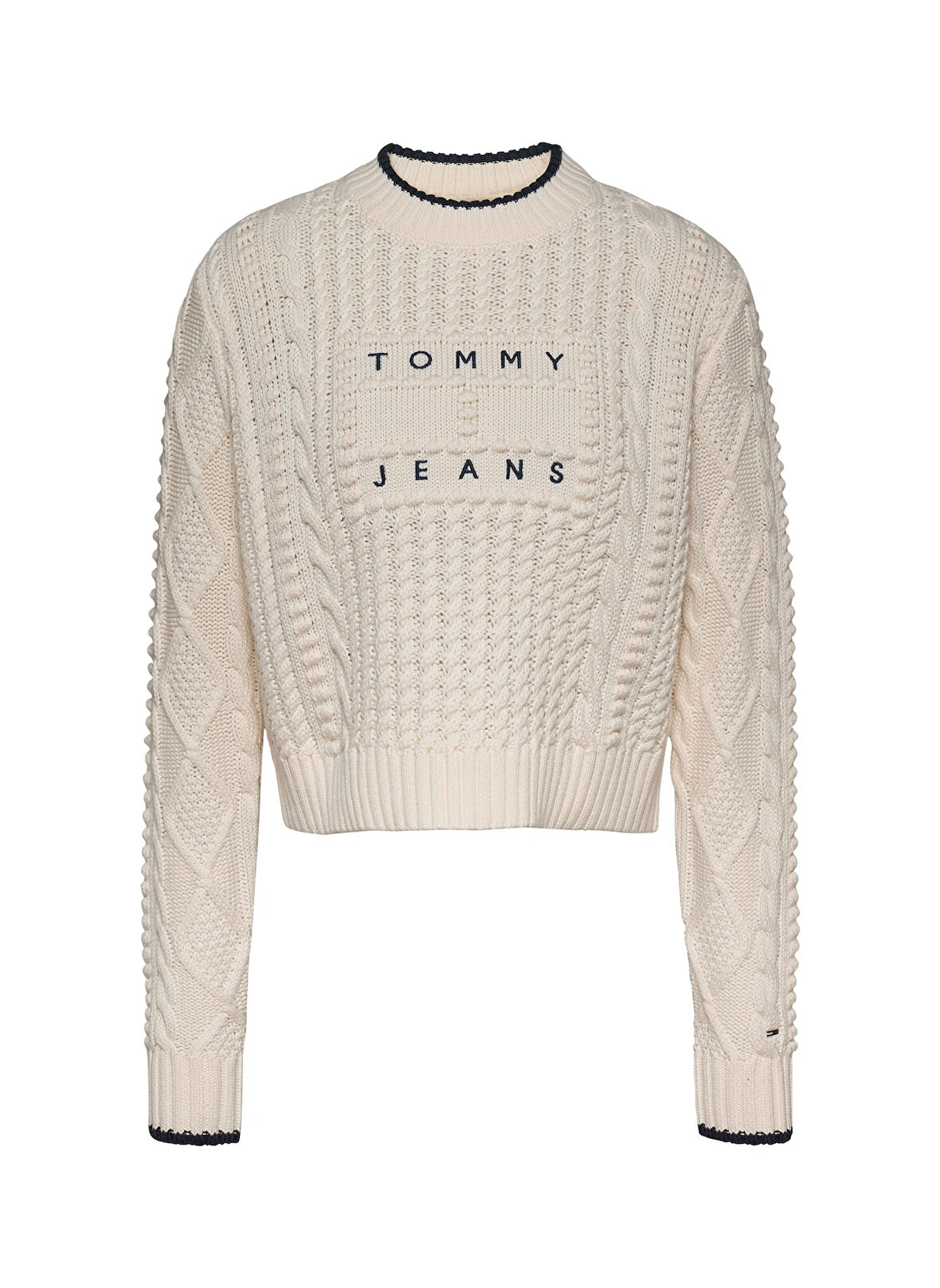 Tommy Jeans Yuvarlak Yaka Standart Nakışlı Beyaz Kazak Kadın TJW BUBBLE CABLE FLAG CREW